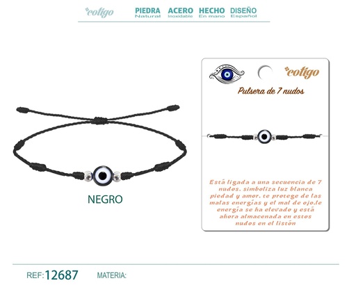 [12687] Pulsera de 7 nudos color negro con ojo turco - Joyería de nudos