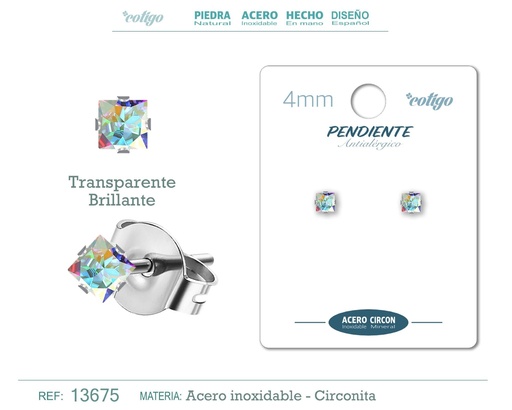 [13675] Pendiente cuadrado de circonita multicolor 4mm con base de acero plateado - Joyería de circonita