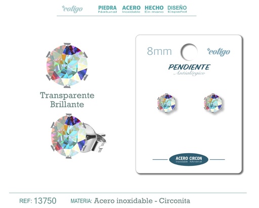 [13750] Pendiente redondo de circonita multicolor 8mm con base de acero plateado - Joyería de circonita