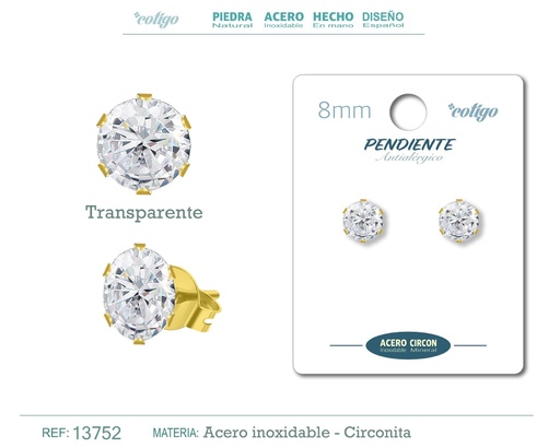 [13752] Pendiente redondo de circonita multicolor 8mm con base de acero dorado - Joyería de circonita