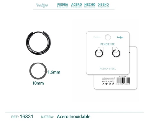 [16831] Pendiente aro de acero 1.6x10 mm negro - Joyería de acero