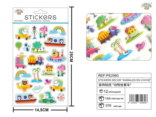 [PE2980] Stickers decorativos "Animales en coche" 14.5x25cm - Adornos para manualidades