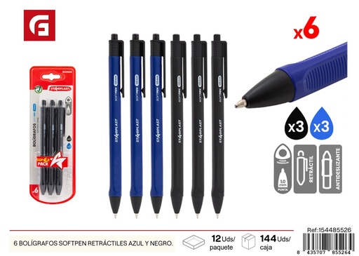 [154485526] Set de 6 bolígrafos Softpen retráctiles azul y negro punta 1mm - Material de oficina