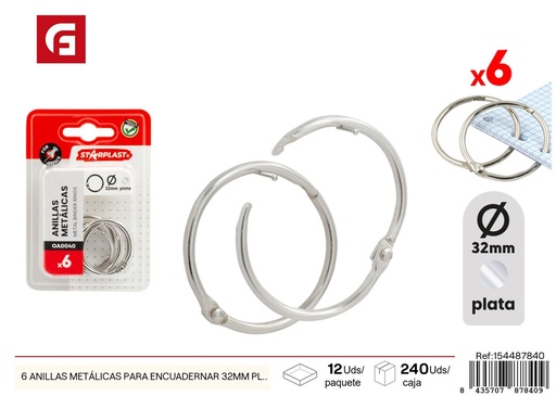 [154487840] Set de 6 anillas metálicas para encuadernar 32mm plata - Material de oficina
