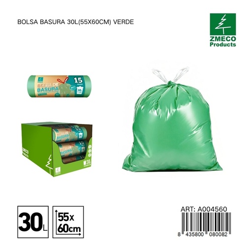 [A004560] Bolsa de basura 30L (55x60cm) verde - Productos desechables para el hogar