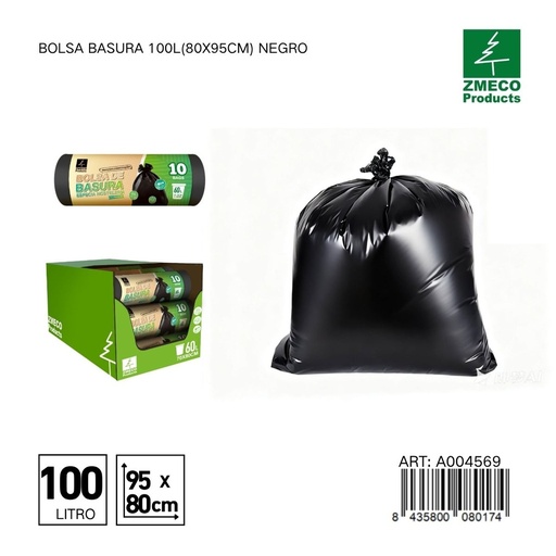 [A004569] Bolsa de basura 100L (80x95cm) negro - Productos desechables para el hogar