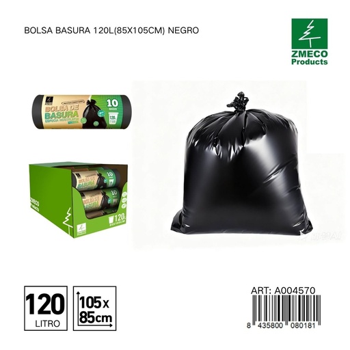 [A004570] Bolsa de basura 120L (85x105cm) negro - Productos desechables para el hogar