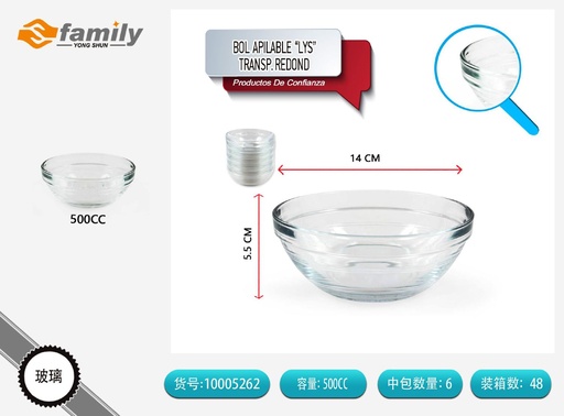 [A003210] Bol de vidrio apilable 500cc para cocina