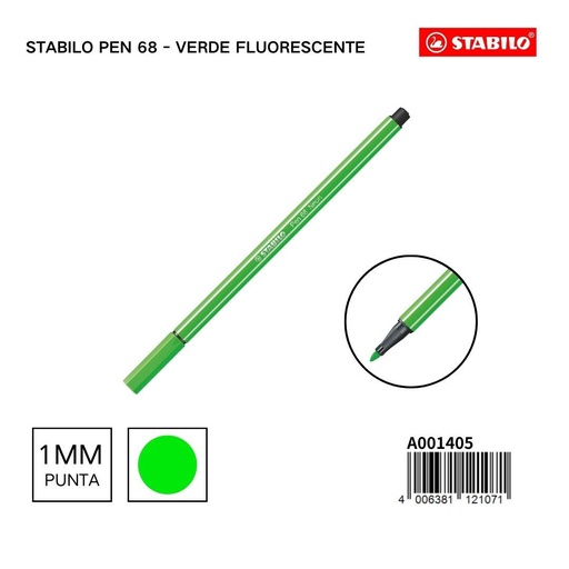 [A001405] Rotulador STABILO 68 1mm verde fluorescente - Materiales escolares