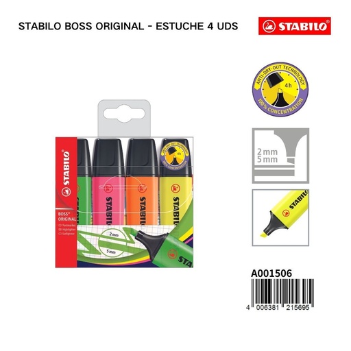 [A001506] Estuche de 4 marcadores Stabilo Boss Original - Material de oficina