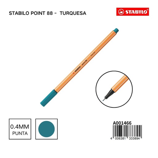 [A001466] Bolígrafo delgado STABILO point 88 turquesa - Papelería colorida