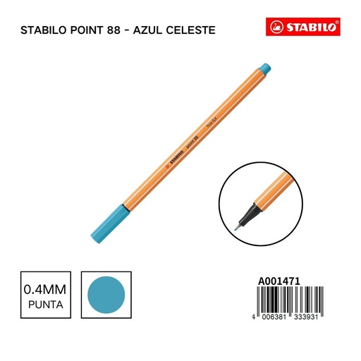 [A001471] Bolígrafo delgado STABILO point 88 azul celeste - Artículos de papelería