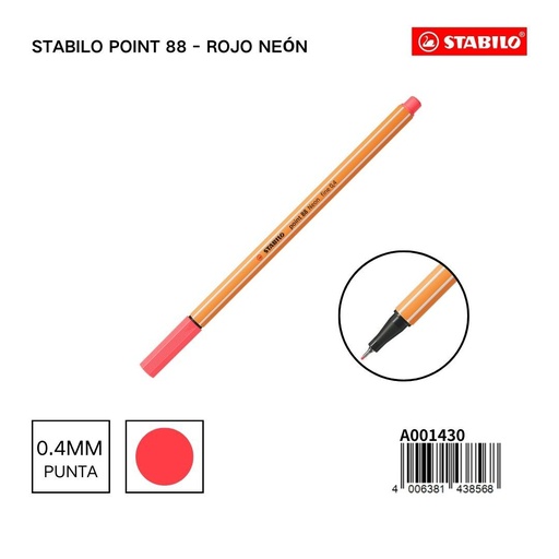 [A001430] Bolígrafo delgado STABILO point 88 rojo neón - Papelería vibrante