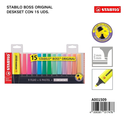 [A001509] Stabilo Boss Original deskset rotuladores fluorescentes 2/5mm 15 colores para subrayar