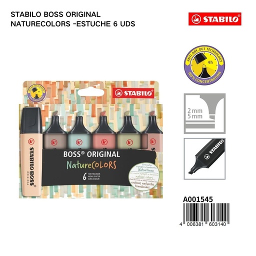 [A001545] Estuche de 6 rotuladores fluorescentes Stabilo Boss Original Nature Colors para escritura y marcado