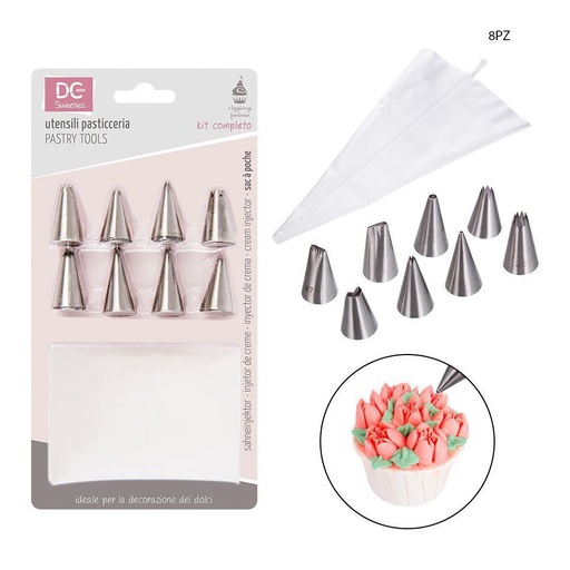 [0131362] Manga pastelera + 8 boquillas de acero inoxidable - Utensilios de repostería