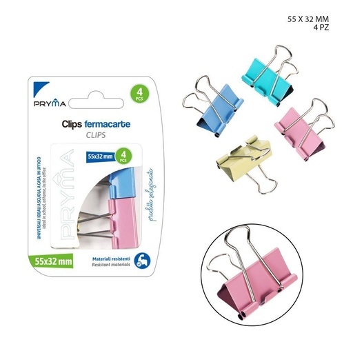 [0144297] Pinza sujetapapeles de colores 55x32mm 4pz para organización de documentos