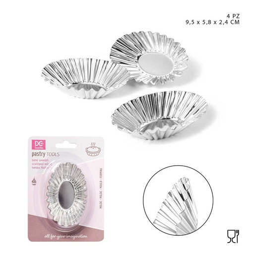 [0229024] Molde ovalado de metal para magdalenas 9.5x5.8x2.4cm 4 piezas - Utensilios de repostería