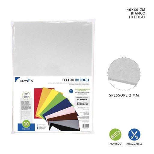 [0147880] Hoja de fieltro blanca 40x60CM 2MM 264G - Material de manualidades