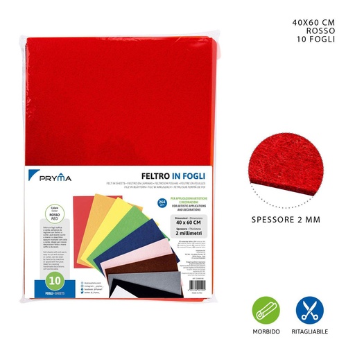 [0147881] Hoja de fieltro roja 40x60CM 2MM 264G - Material de manualidades