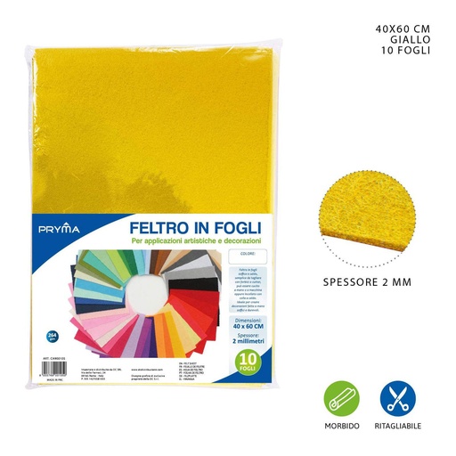 [0147885] Hoja de fieltro amarilla 40x60CM 2MM 264G - Material de manualidades