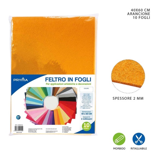 [0147886] Hoja de fieltro naranja 40x60CM 2MM 264G - Material de manualidades