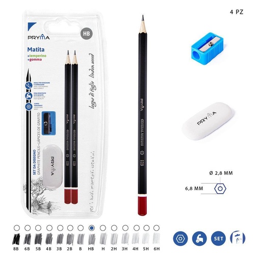 [0148694] Lápiz HB 2PZ + Sacapuntas + Goma de borrar - Utensilios de escritura