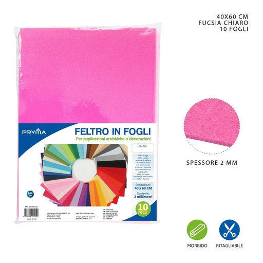 [0150214] Hoja de fieltro fucsia claro 40x60CM 2MM 264G - Material de manualidades