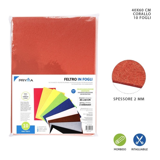 [0150205] Hoja de fieltro rojo coral 40x60CM 2MM 264G - Material de manualidades
