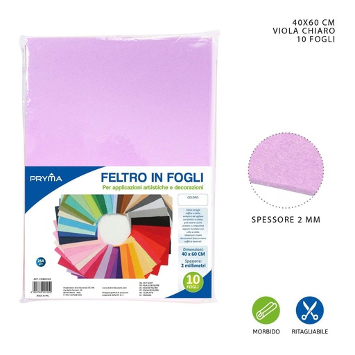 [0150207] Hoja de fieltro violeta claro 40x60CM 2MM 264G - Material de manualidades