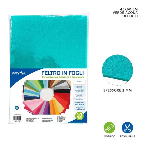 [0150209] Hoja de fieltro verde agua 40x60CM 2MM 264G - Material de manualidades