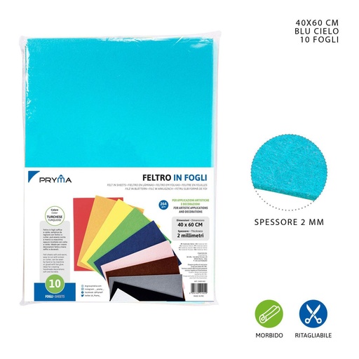 [0150210] Hoja de fieltro turquesa 40x60CM 2MM 264G - Material de manualidades