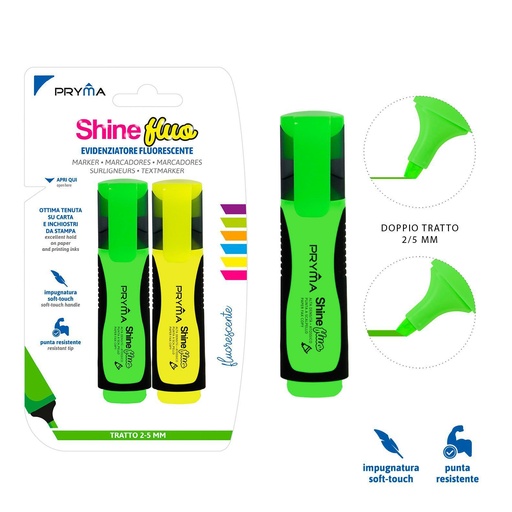 [0201597] Subrayador Shine cabeza plana 2/5 mm 2 piezas color flúo - Marcador fluorescente