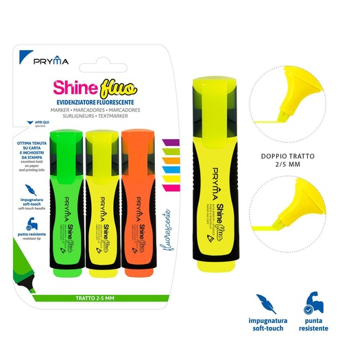[0201600] Subrayador Shine cabezal plano 2/5mm 3pz - Marcadores y escritura