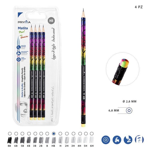 [0202201] Lápiz de grafito HB con goma de borrar 4PZ arcoíris - Utensilios de escritura