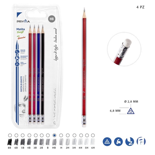 [0204134] Lápiz HB con goma de borrar 4PZ - Utensilios de escritura