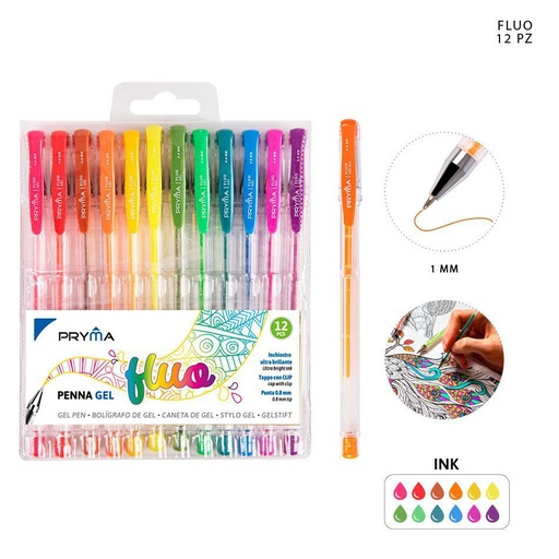 [0207196] Bolígrafo de gel de color fluorescente 0.8 mm 12 piezas - Útiles de escritura