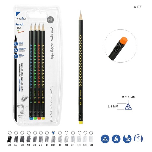 [0207663] Lápiz de grafito HB con goma de borrar 4pz negro - Artículos de papelería
