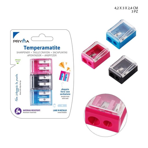 [0209062] Sacapuntas doble agujero 42X30X24MM 3PZ - Utensilios de papelería