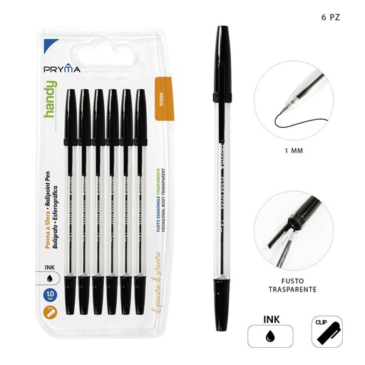 [0208951] Bolígrafo con Tapa 1mm 6pz Negro - Bolígrafo de tinta