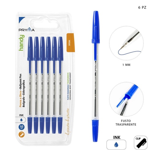 [0208952] Bolígrafo con Tapa 1mm 6pz Azul - Bolígrafo de tinta