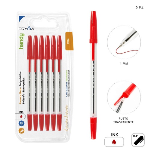 [0208953] Bolígrafo con Tapa 1mm 6pz Rojo - Bolígrafo de tinta