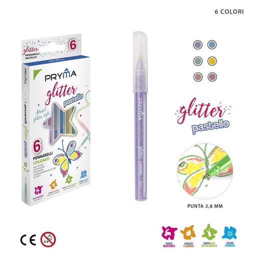 [0215686] Rotulador con purpurina color pastel 6pz - Artículos de arte