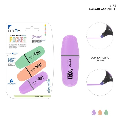 [0215659] Mini pocket subrayador cabeza plana 2/5mm 3pz en colores maracuyá