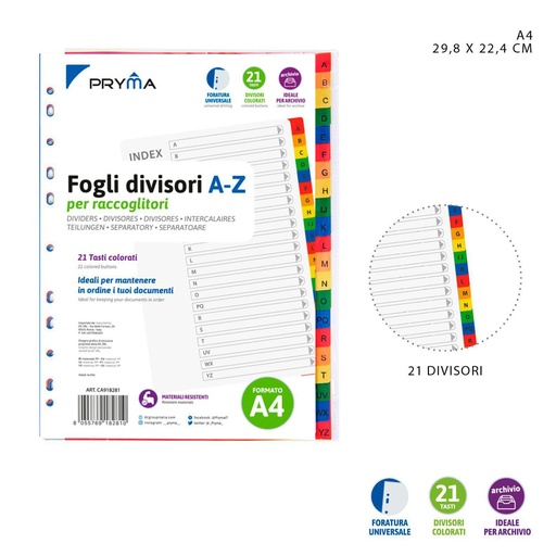 [0217717] Separadores de índice de colores A-Z 29.8x22.4cm para organización de documentos