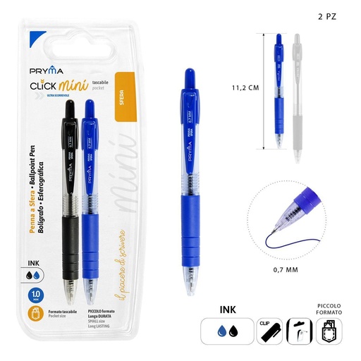 [0219964] Bolígrafo mini de clic 1mm negro/azul 2pz - Artículos de papelería