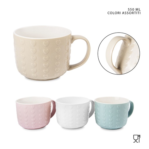 [0221951] Taza de desayuno de porcelana 550ml con diseño de corazones