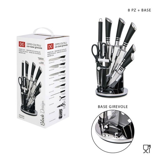 [0222533]  set de cuchillos Black Design 8 piezas con base giratoria - Utensilios de cocina