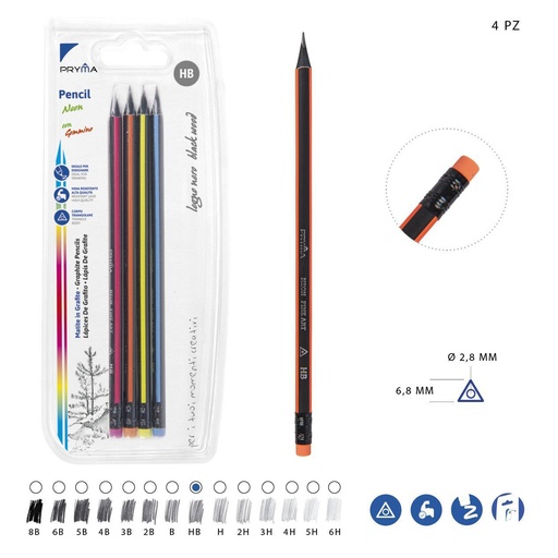 [0218494] Lápiz de grafito HB 4 piezas color neón - Herramientas de escritura