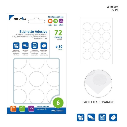 [0221146] Etiqueta adhesiva redonda blanca 3 cm 12 pcs - Papelería y etiquetas